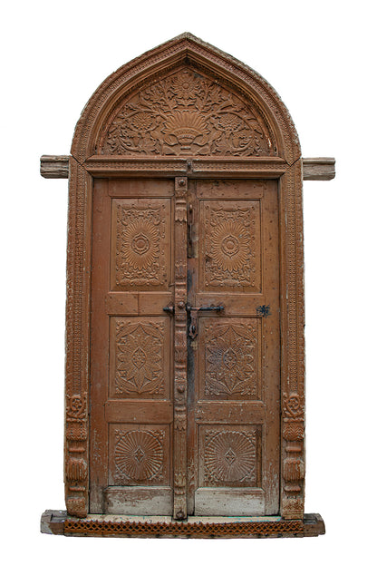 Arched Double Door with Floral Tympanum and Sunburst Panels