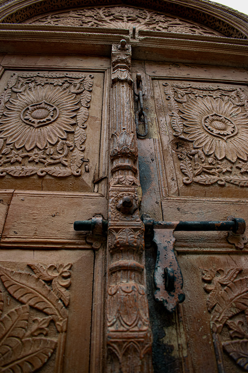 Arched Double Door with Floral Tympanum and Sunburst Panels