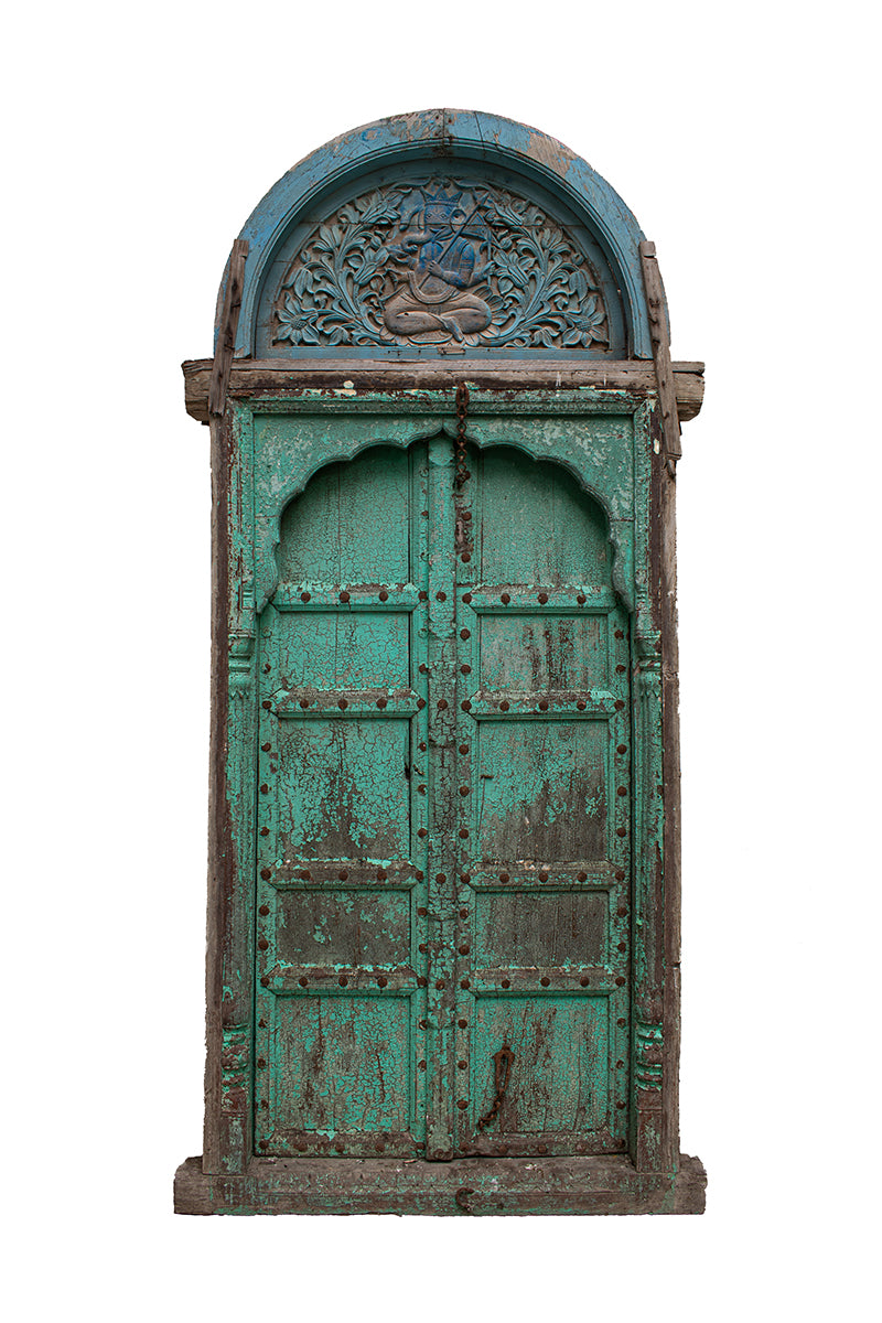 Antique Carved Teakwood Wooden Door with Ganesha Panel (Rare find)