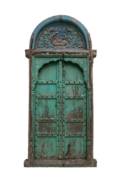 Antique Carved Teakwood Wooden Door with Ganesha Panel (Rare find)